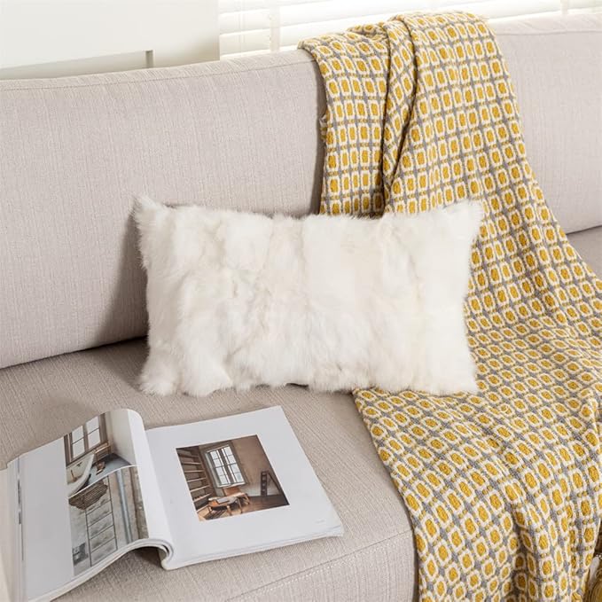 Throw Pillow Covers Fur Rabbit Skin Fur Sofa Pillow Case Cushion Cover (White, 30×50cm（12in×20in）