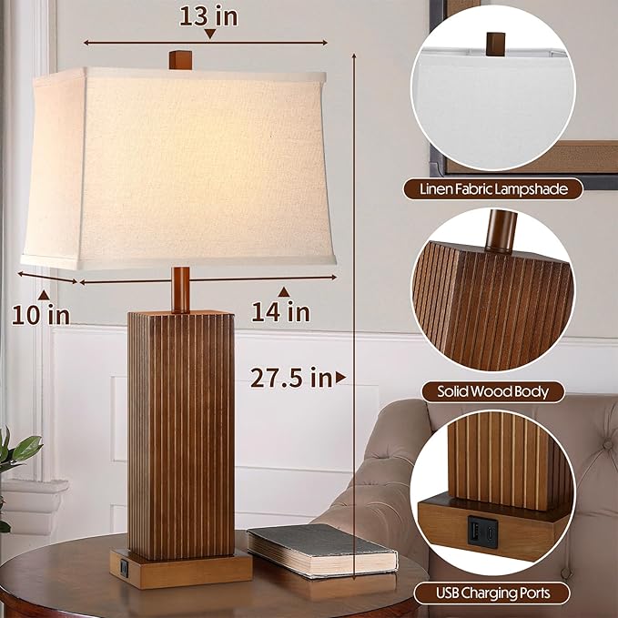 27.5" Wood Table Lamp, Modern Farmhouse Bedroom Lamp for Nightstand with USB Charging Port, Natural Wooden Base Table Lamp for Living Room Bedroom, Bulb Included (Walnut Wood)