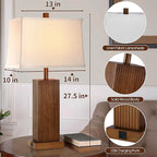 27.5" Wood Table Lamps Set of 2, Modern Farmhouse Bedroom Lamp for Nightstand with USB Charging Port, Natural Wooden Base Table Lamp for Living Room Bedroom, Bulbs Included (Walnut Wood)