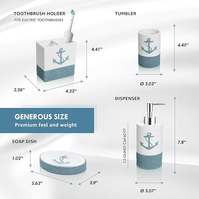 TideAndTales Luxury Nautical Bathroom Accessories Set (4 Piece) Rope and Anchor Beach Bathroom Decor with Ocean and Sea Theme Design, Countertop Coastal Soap Dispenser Set