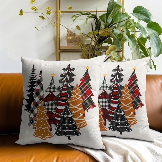 Christmas Throw Pillow Covers 16x16, Gingerbread Buffalo Plaid Xmas Trees Decorative Pillow Cases Soft Cotton Square Cushion Cover for Bed Sofa Car Winter Holiday Decor Set of 2