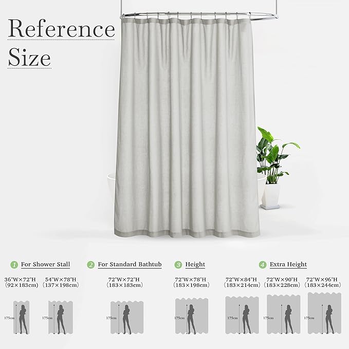 KGORGE Semi Sheer Shower Curtain for Bathroom - Linen Blend Fabric Lightweight Waterproof Privacy Assured Button Hole Shower Curtains for Bathtub, Grey, 72 x 72 inches Long, Hooks Included