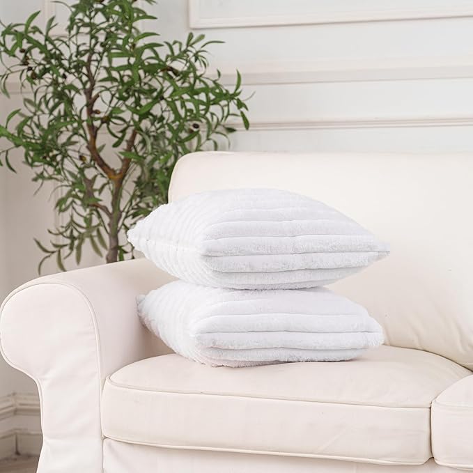 NiNi ALL Faux Fur Plush Throw Pillow Covers White 22x22 Inch Set of 2 Decorative Soft Plush Striped Couch Pillow Cover for Sofa Cushion Cases for Couch Bed Home Decor