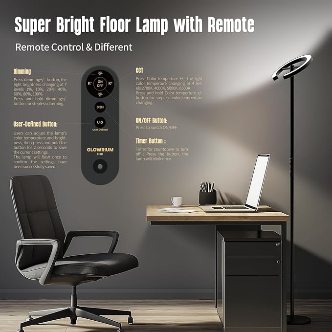 GLOWRIUM-H3B Floor Lamp for Bedroom, 71 Inch Bright LED Modern Corner Lamp with Remote, 4 Color Temperatures Tall Standing Reading Lamp with Timer for Bedroom, Stepless Dimmable, Rotatable Head