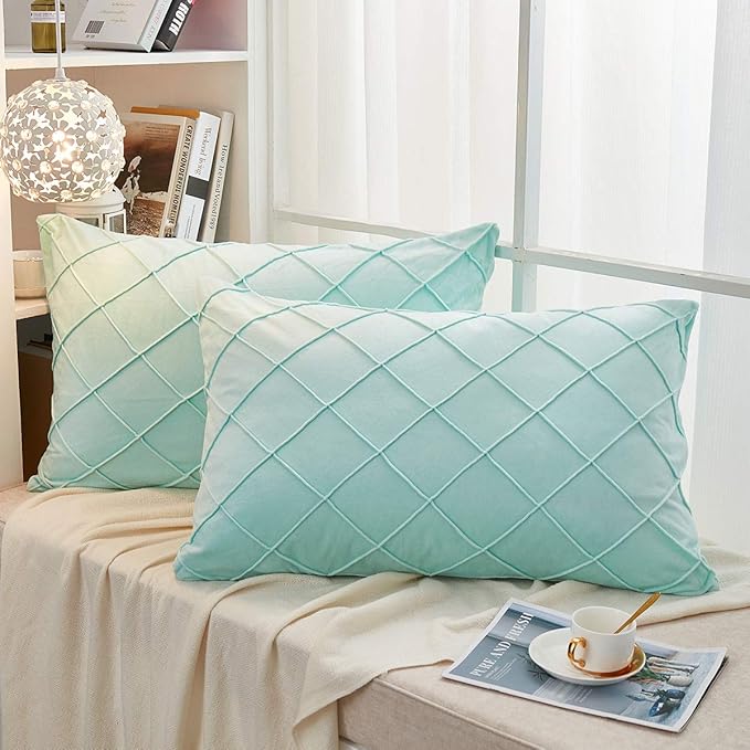 JAUXIO Diamond Pinch Pleated Crystal Velvet Pillowcases 2 Pack Solid Pintuck Throw Cushion Cover for Home Decor Hidden Zipper Closure (Mint Aqua, King)