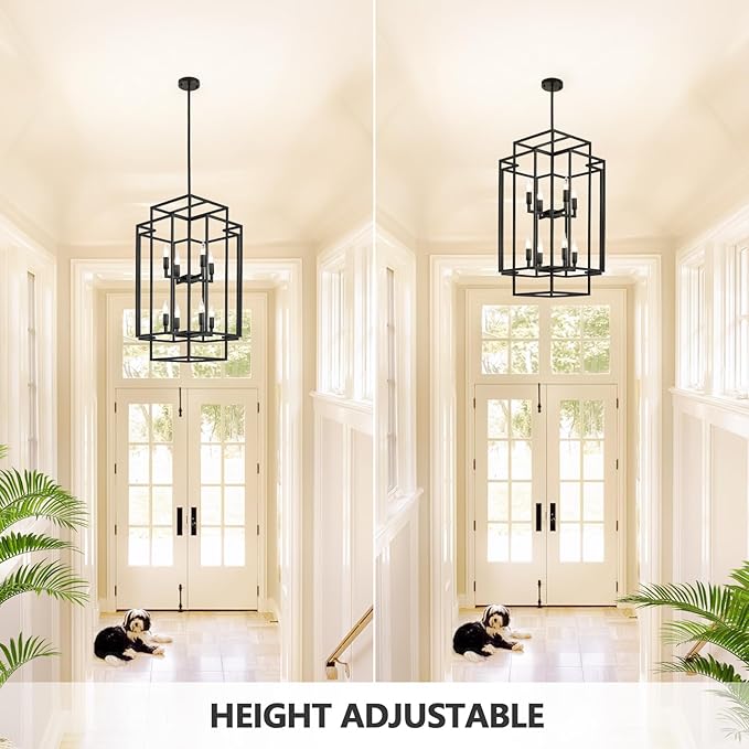 Black Farmhouse Modern Chandelier, 8-Light Tiered High Ceiling Chandeliers, Foyer Lighting Fixtures, Industrial Hanging Metal Lantern Pendant Light, for Livin Room,Entryway,Staircase,Hallway