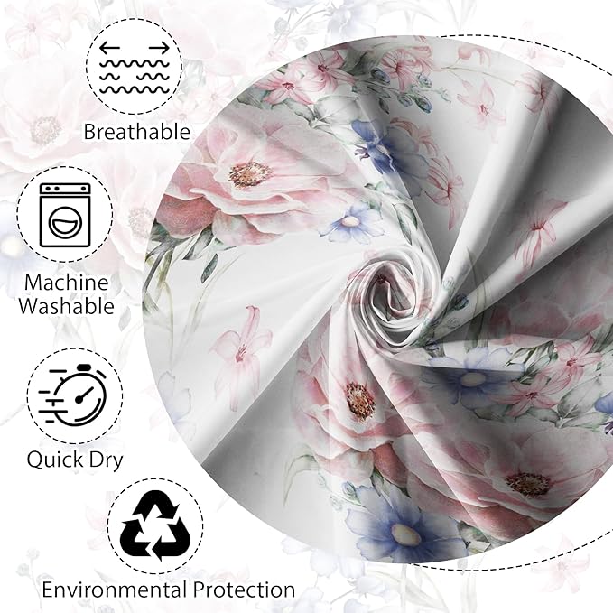 Colorful Floral Shower Curtain Watercolor Flower Modern Design Bathroom Curtain Girls Pretty Plant Decor Shower Curtain with Hooks Waterproof Polyester Fabric 48x72 Inch