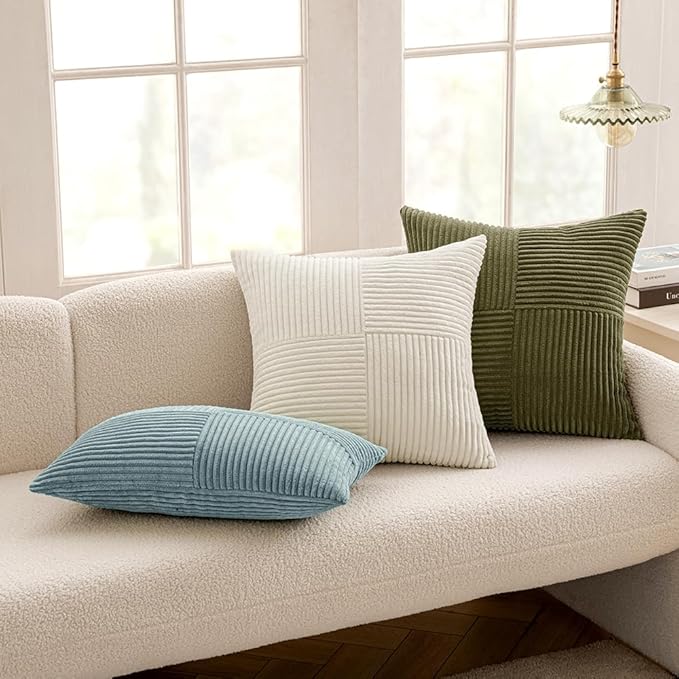 MIULEE Dusty Blue Corduroy Pillow Covers Pack of 2 Boho Decorative Spliced Throw Pillow Covers Soft Solid Couch Pillowcases Cross Patchwork Textured Cushion Covers for Living Room Bed Sofa 20x20 inch