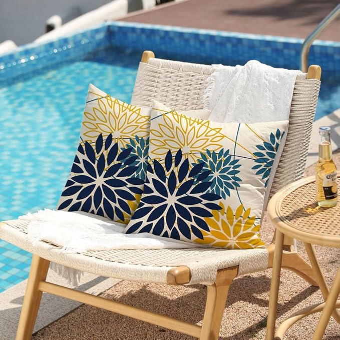 Blue Yellow Flower Pillow Covers 20x20 Inch Set of 2 Outdoor Throw Pillows Outdoor Waterproof Decor for Living Room Sofa Patio Funiture Garden Floral Polyester Pillow Covers 01P20