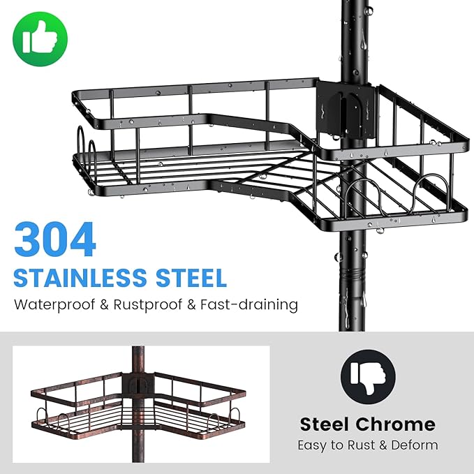Corner Shower Caddy Tension Pole: 4tier Adjustable Rustproof Bathroom Organizer Shelves - Bathtub Shampoo Rack 43.5-120 inch
