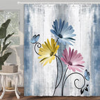 Rustic Farmhouse Shower Curtain, Farm Blue Daisy Floral Flowers and Butterfly on Country Wooden Shower Curtain for Bathroom, Turquoise Pink Yellow Bathroom Shower Curtains with 12PCS Hooks, 60X70IN