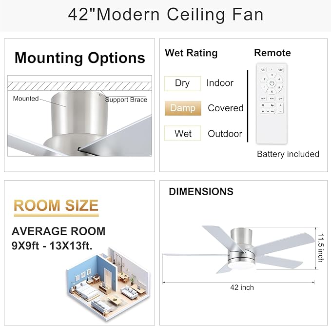 YUHAO 44 Inch Flush Mount Brushed Nickel Ceiling Fan with Light and Remote Control.Noiseless,Dimmable,3CCT,6 Speeds Reversible, Low Profile DC Ceiling Fans for Indoor Use