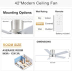 YUHAO 44 Inch Flush Mount Brushed Nickel Ceiling Fan with Light and Remote Control.Noiseless,Dimmable,3CCT,6 Speeds Reversible, Low Profile DC Ceiling Fans for Indoor Use