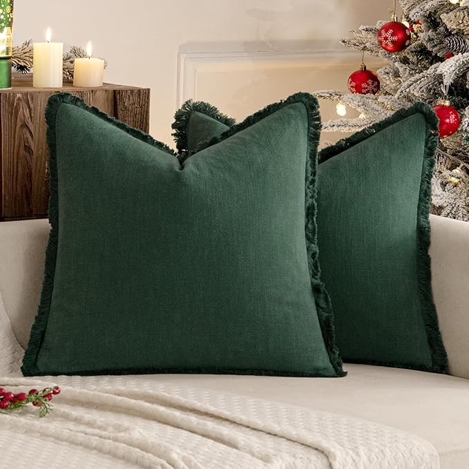 MIULEE Christmas Decorative Throw Pillow Covers Neutral Linen Fringe Throw Pillows Set of 2 Army Green Boho Farmhouse Cushion Covers with Tassels for Couch Sofa Bed Living Room Home Decor 20x20 Inch