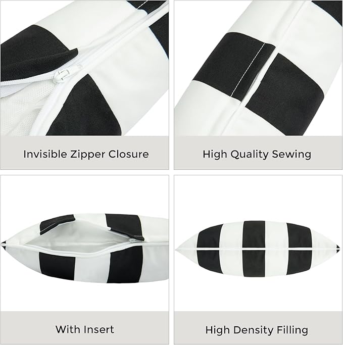 FUNHOME Outdoor Lumbar Pillows for Patio Furniture,12x20 Inch Decorative Pillows Set of 2 with Insert,Hidden Zipper Water Resistant Headrests for Sofa Couch Chair(Black White Stripe)