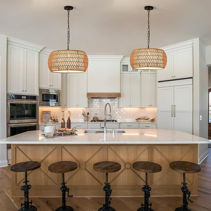Boho Chandeliers for Dining Room,Rattan Chandeliers with Fabric Shade,Farmhouse Dining Room Light Fixtures,Kitchen Island Lighting 5-Lights Hand Woven Drum Chandelier,18 in,UL Listed