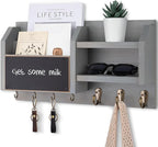 Mail and Key Holder – Wall Mount Key Hanger with Shelf and 7 Metal Hooks – Decorative Natural Paulownia Wood Entryway Organizer with Mounting Hardware (16.5”W x 8.7”H x 3.5”D) (Gray)