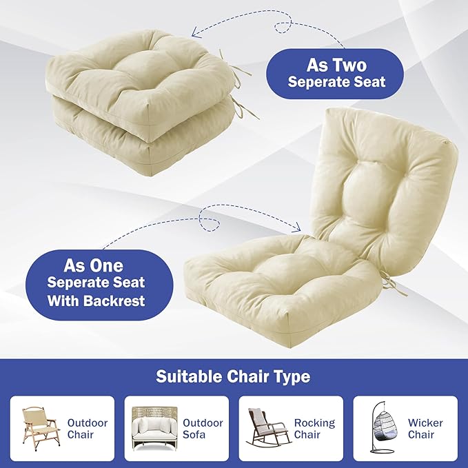 Outdoor Chair Cushions Set of 4, Patio Chair Cushions with Ties, 19x19+5” Tufted Outdoor Seat Cushions, Waterproof Patio Furniture Cushions, Outdoor Dining Chair Pads, Beige
