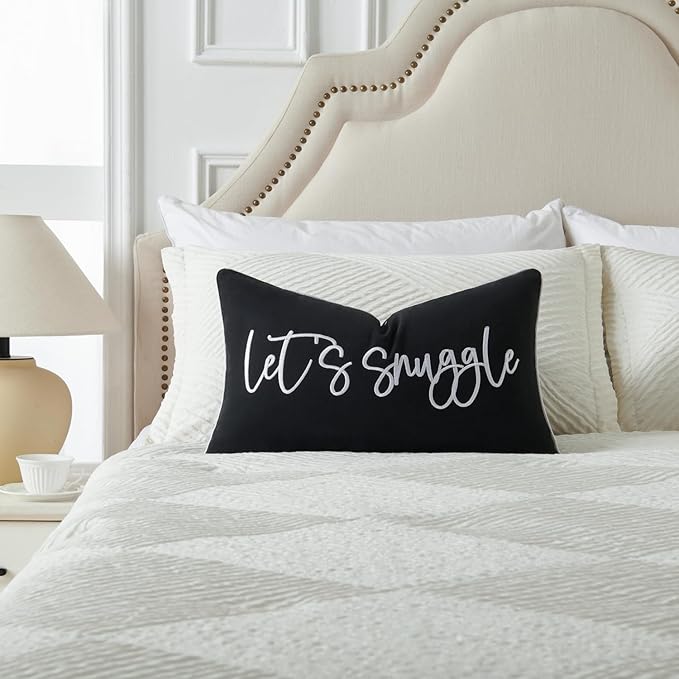 Sunkifover Let's Snuggle Decorative Lumbar Pillow Cover - 12x20 Inch Black and White Cotton Embroidery Throw Pillowcase for Bed, Bedroom, Living Room, Home Decor