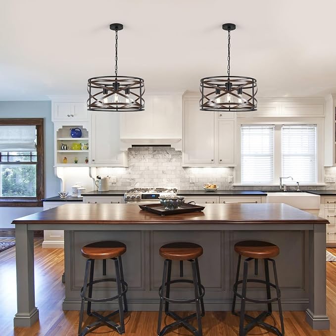 Black Farmhouse Chandeliers for Dining Room, 3-Light 18.5" Drum Chandelier Rustic Wood and Black Metal Hanging Light Fixture for Entryway Kitchen Foyer Bedroom