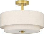 XiNBEi Lighting 3 Light Semi Flush Mount Light, Close to Ceiling Light Fixture with Fabric Shade Retro Gold Brass 16 inch Semi Flush Drum Light for Bedroom & Living Room XB-SF1289-GB
