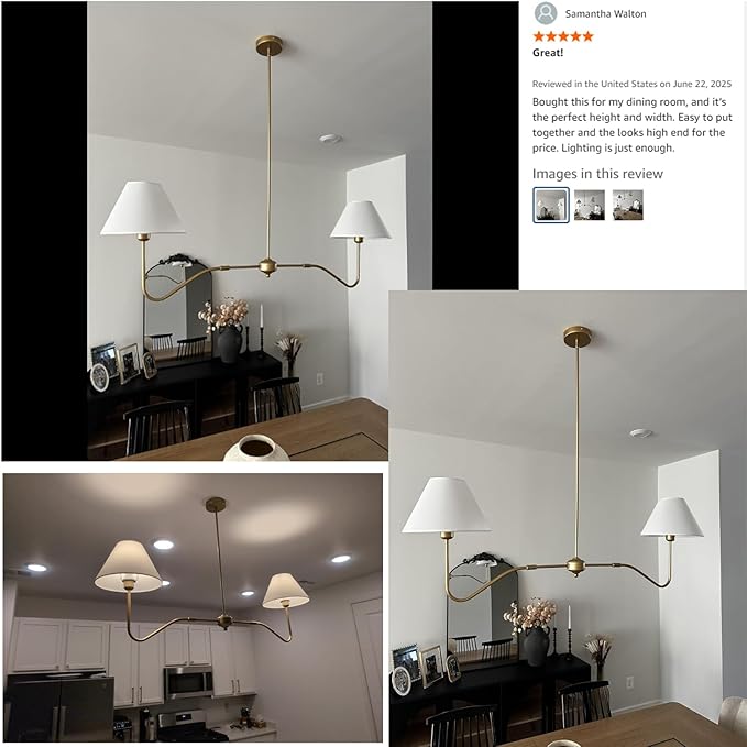 2-Light Gold Modern Linear Chandelier, 55 Inch Farmhouse Kitchen Island Lighting with White Fabric Shades, Dining Room Light Fixtures for Living Room Bedroom, Height Adjustable