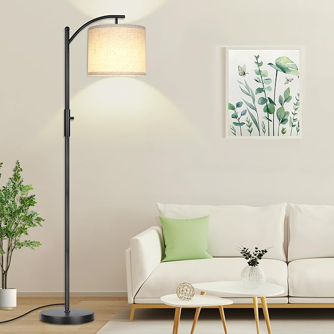 Dimmable Floor Lamp, Arc Floor Lamps for Living Room, Stepless Dimming Modern Standing Lamp with Linen Shade, Tall Lamp for Bedroom Office Dining Room- Black