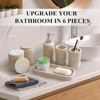 6-Piece Bathroom Accessories Set, Bathroom Accessory Set with Soap Dispenser, Toothbrush Holder Set, Vanity Tray, Tumbler & 2 Cotton Swab Jars, Modern Stylish Bathroom Organizer(Beige)