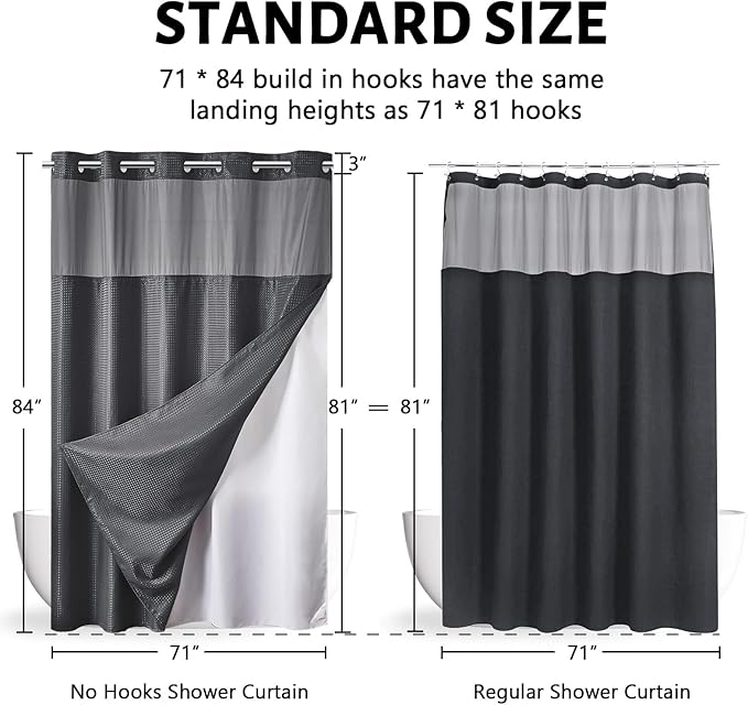 Furlinic Extra Long 84 Inch Shower Curtain with Snap in Liner Set,No Hook Waffle Weave Bathroom Curtains,Honeycomb Textured,Hotel Style with See Through Window,Waterproof,Gray,71x84 Inch