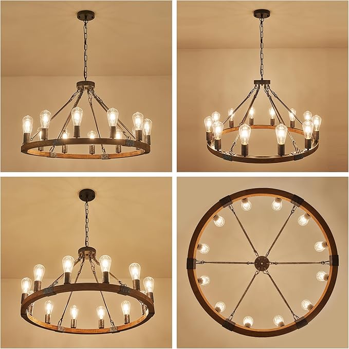Farmhouse Wagon Wheel Chandelier 31" Black Rustic Light Fixtures 12-Light Wood Round Chandelier for Dining Room Living Room Entryway Foyer