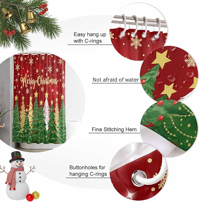 Vandarllin Christmas Shower Curtain, Merry Christmas Shower Curtains Set with Hooks, Gold Star Xmas Tree Snowflakes Waterproof Bathroom Curtains Xmas Holiday Decor Home Accessories,72 x 72 Inch Long