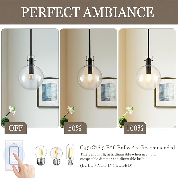 Black Pendant Lights Kitchen Island, 1-Light 8" Large Globe Glass Hanging Light Fixtures with Clear Glass, Modern Kitchen Pendant Lighting Over Island for Sink Bathroom, OS-JJ528-1PBK