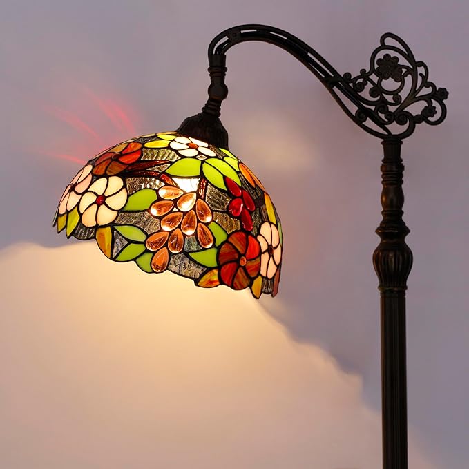 Tiffany Floor Lamp Stained Glass Purple Grape Style Arched Reading Light Gooseneck Adjustable Corner Standing Lamp 12X16X66 Inch for Bedroom Living Room Home Office