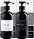 16oz Glass Soap Dispenser with Stainless Steel Pump, 21 Waterproof Labels, Non-Slip Protective Silicone Pad, Set of 2 for Bathroom & Kitchen (Gloss Black Bottle/Black Pump)