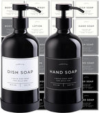 16oz Glass Soap Dispenser with Stainless Steel Pump, 21 Waterproof Labels, Non-Slip Protective Silicone Pad, Set of 2 for Bathroom & Kitchen (Gloss Black Bottle/Black Pump)