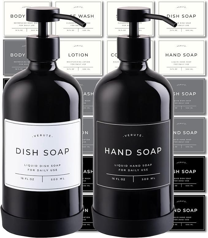 16oz Glass Soap Dispenser with Stainless Steel Pump, 21 Waterproof Labels, Non-Slip Protective Silicone Pad, Set of 2 for Bathroom & Kitchen (Gloss Black Bottle/Black Pump)