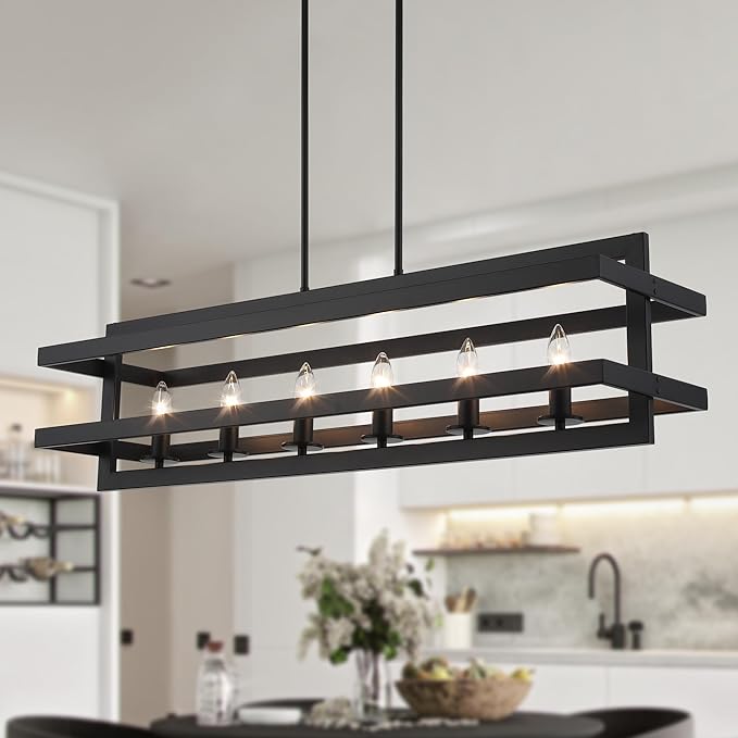 Black Chandeliers Rectangle Pendant Lights Kitchen Island Farmhouse Fixture Lights Cage 6-Lights Modern for Dining Room Living Room
