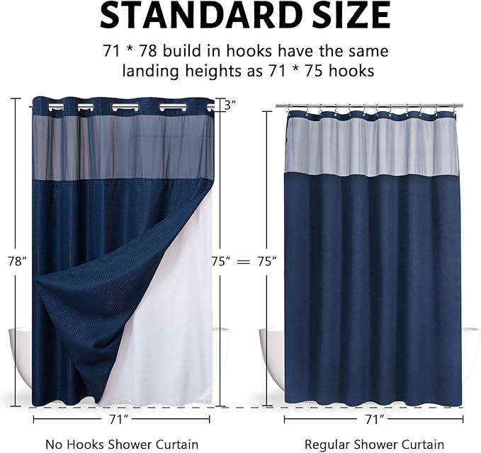 No Hook Waffle Weave Shower Curtain with Snap in Fabric Liner Set,Heavy Duty Textured Bathroom Curtain with See Through Window,Waterproof & Machine Washable,Navy Blue,71x78 Inch