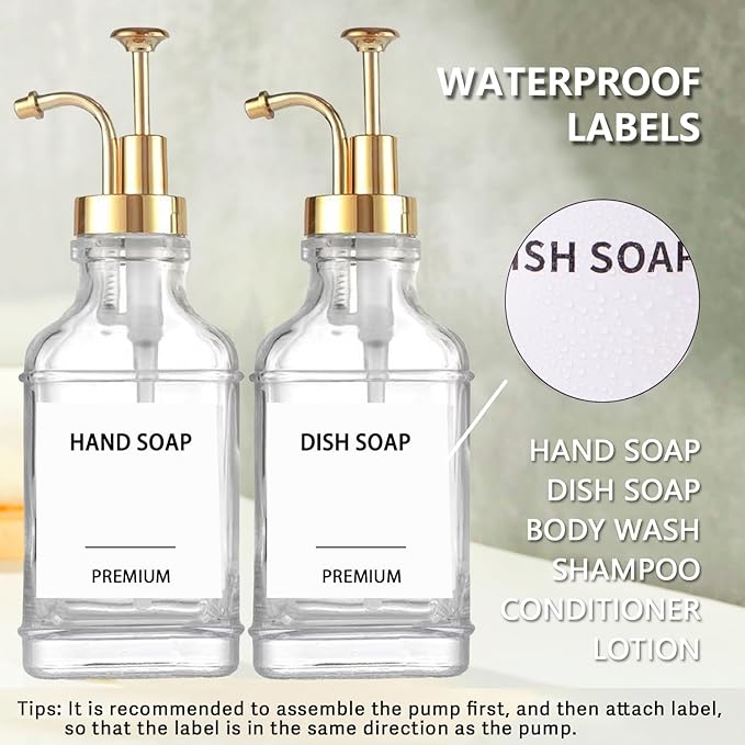 Dish Soap Dispenser for Kitchen, Hand Glass Soap Dispenser Set with Pump, Funnel for Bathroom, Shower, Laundry, Liquid, Lotion (Gold 2 Pack 18 Oz Clear Bottles with 12 Stickers)
