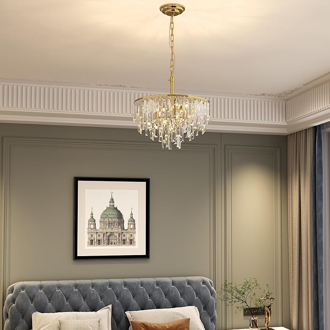 Gold Crystal Chandeliers Modern Contemporary Round Dining Room Chandelier 4-Tier 6 Lights Dimmable Top K9 Luxury Ceiling Hanging Pendant Light Fixture for Living Room Bedroom Foyer 18"
