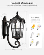 VIANIS Outdoor Lights for Porch, Black Dusk to Dawn Outside Lighting with Gold Trim, Porch Lights Outdoor with Tempered Water Ripple Glass for Garden, Patio, Entryway, Waterproof Anti-Rust