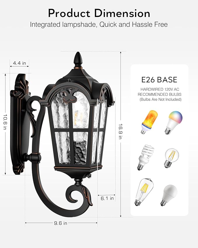 VIANIS Outdoor Lights for Porch, Black Dusk to Dawn Outside Lighting with Gold Trim, Porch Lights Outdoor with Tempered Water Ripple Glass for Garden, Patio, Entryway, Waterproof Anti-Rust