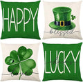 St Patricks Day Decor-Throw Pillow Covers 18x18 in Set of 4,Shamrock Linen Pillow Case with Green Hat Irish for Large Couch Sofa Home Indoor Outdoor Holiday Decorations