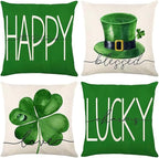 St Patricks Day Decor-Throw Pillow Covers 18x18 in Set of 4,Shamrock Linen Pillow Case with Green Hat Irish for Large Couch Sofa Home Indoor Outdoor Holiday Decorations