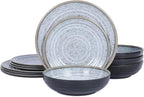 Melamine Dinnerware Sets 12 PCS - Service for 4 Plates & Bowls Sets Dishwasher Top-Shelf Safe, BPA Free Dinner Dishes Set for Everyday Use-Granite Pattern Black Back