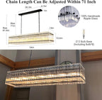 55 Inch Modern Rectangular Black Crystal Glass Chandeliers, Dining Room Chandeliers, for Living Room、Kitchen Island、Foyer, Water Ripple Chandelier, Adjustable Hanging Chandelier