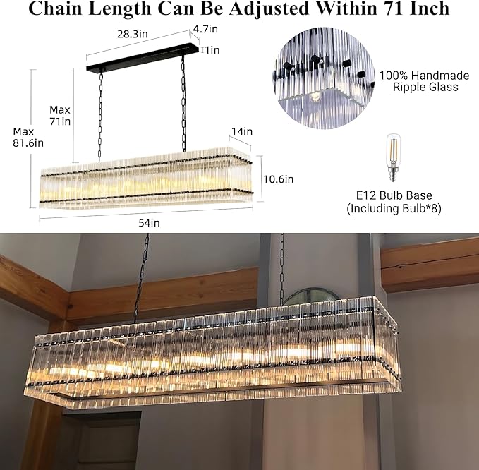 55 Inch Modern Rectangular Black Crystal Glass Chandeliers, Dining Room Chandeliers, for Living Room、Kitchen Island、Foyer, Water Ripple Chandelier, Adjustable Hanging Chandelier