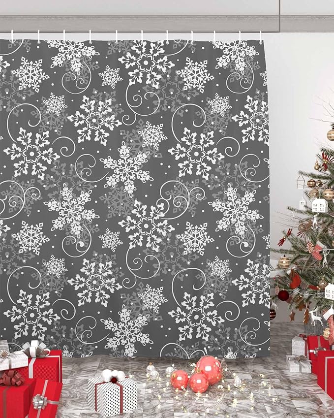 Vandarllin Christmas Shower Curtain, Grey White Snowflakes Pattern Shower Curtains Set with Hooks, Winter Waterproof Fabric Bathroom Curtains Decor Home Accessories,Stall 48 X 72 Inch