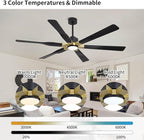 78 Inch Ceiling Fan with Lights and Remote Control, 6 Reversible ABS Blades, 6-Speed Noiseless DC Motor with 4.5" / 12" / 24" Downrods for Bedroom Dining Living Room, Gold and Black