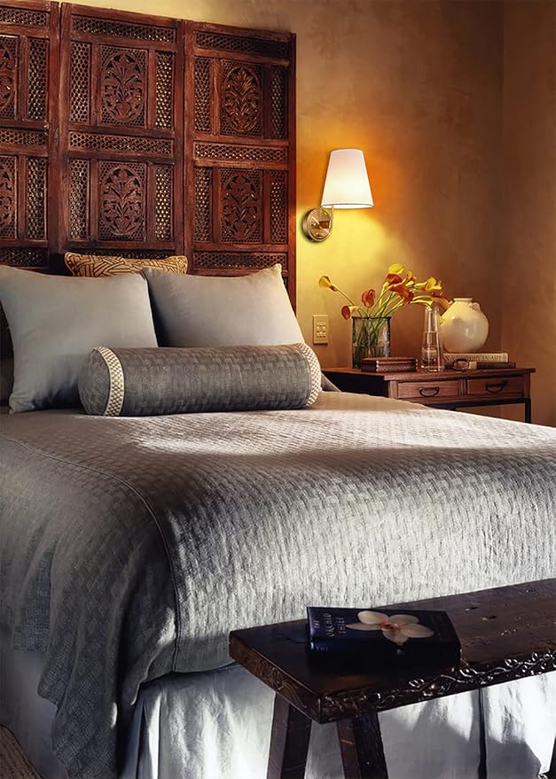 Bedroom Bedside Wall Lamps Set of 2 Gold Brass Plug in Wall Sconce Fabric Shade for Living Room